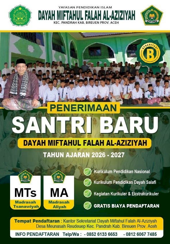 Dayah Miftahul Falah Al-Aziziyah Buka Penerimaan Santri Baru Tahun Ajaran 2026/2027